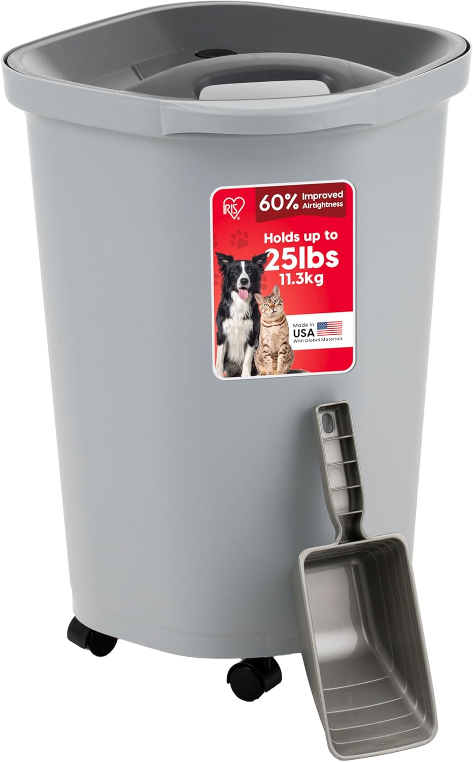 Iris Pet Food Storage Container 25 lbs, Airtight Seal with Air Valve, 2 Cup Scoop, Removable Wheels, Easy to Open, Gray
