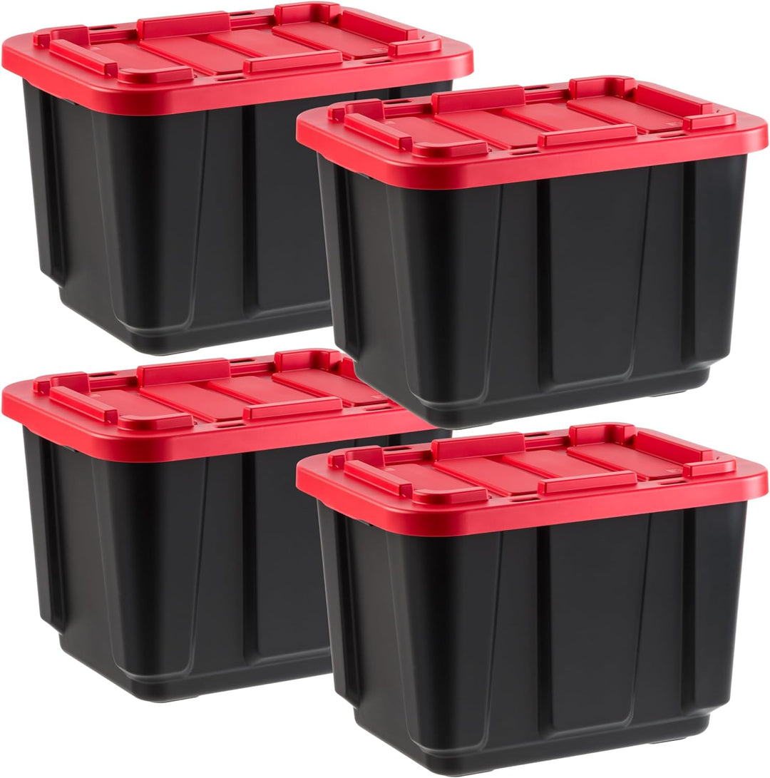 IRIS USA 11.5Gal/46Qt 4 Pack All-Weather Heavy-Duty Stackable Storage Plastic Bin Tote Container with Quick Snap Lid (20" L x 15" W x 14" H) Black/Red - IRIS USA, Inc.