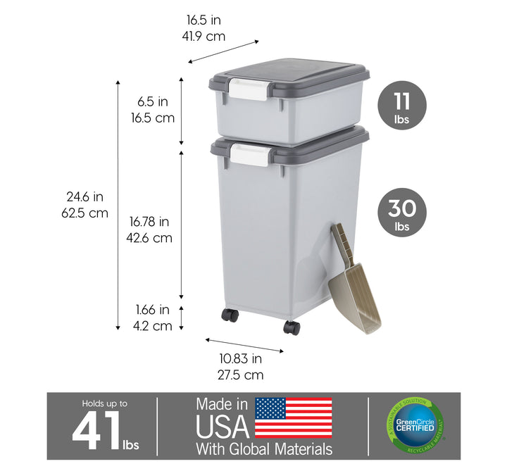 Airtight Dog Food Storage Container with Wheels, Up to 30 lbs & 11 lbs, 2-Cup Scoop, Cat Dog Treat Wet Food Cans Toys Storage Container, Stackable, Portable, Gray - IRIS USA