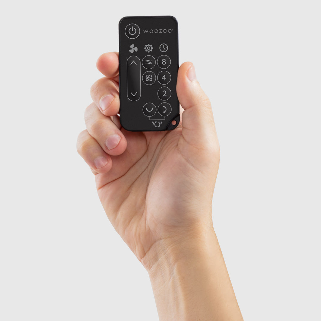 WOOZOO Desk Fan with Remote, Oscillating Turbo Air Circulator, 3 Speeds, 52ft Max Air Distance, Adjustable Tilt, Small Fan for Bedroom, Office, Dorm - IRIS USA