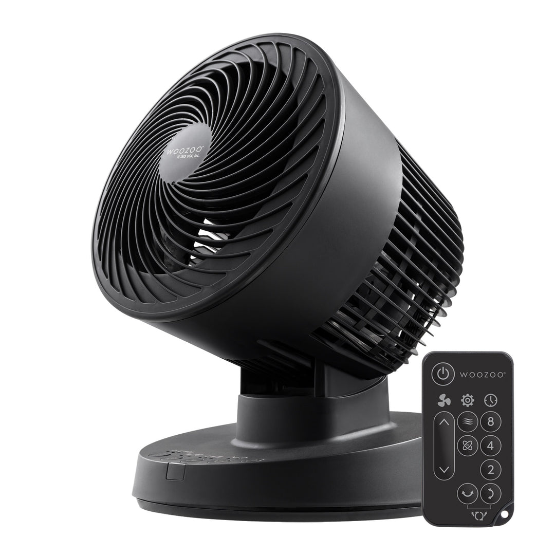 WOOZOO Desk Fan with Remote, Oscillating Turbo Air Circulator, 3 Speeds, 52ft Max Air Distance, Adjustable Tilt, Small Fan for Bedroom, Office, Dorm - IRIS USA