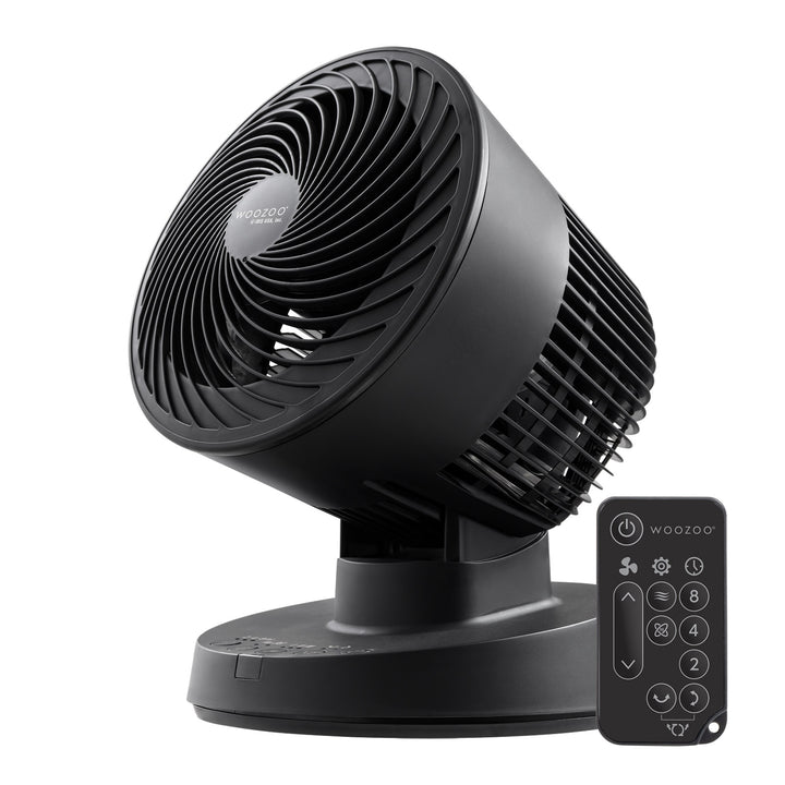 WOOZOO Desk Fan with Remote, Oscillating Turbo Air Circulator, 3 Speeds, 52ft Max Air Distance, Adjustable Tilt, Small Fan for Bedroom, Office, Dorm - IRIS USA