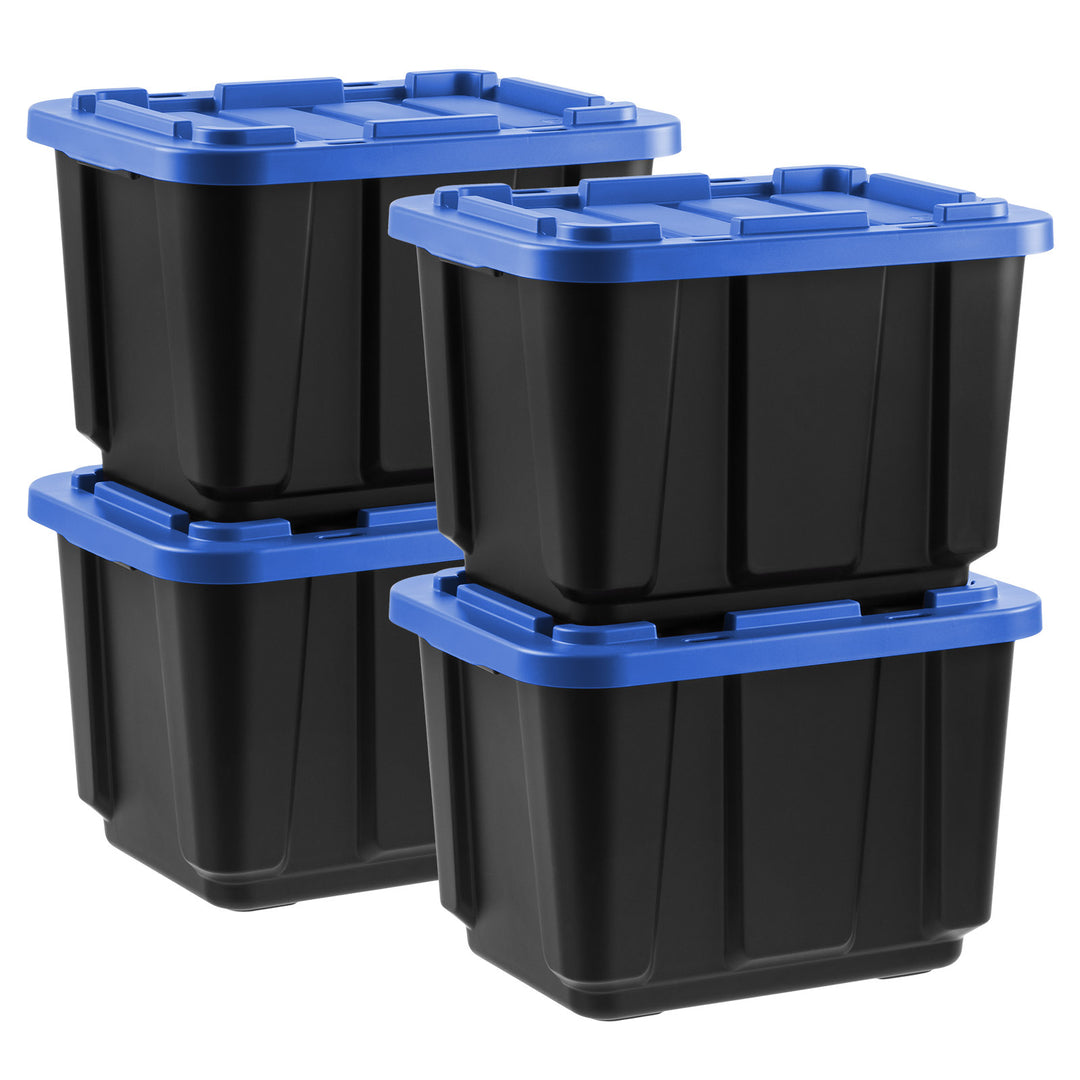 12 Gal. Stackable Storage Totes with Lids, Black - Blue, 4Pk - IRIS USA