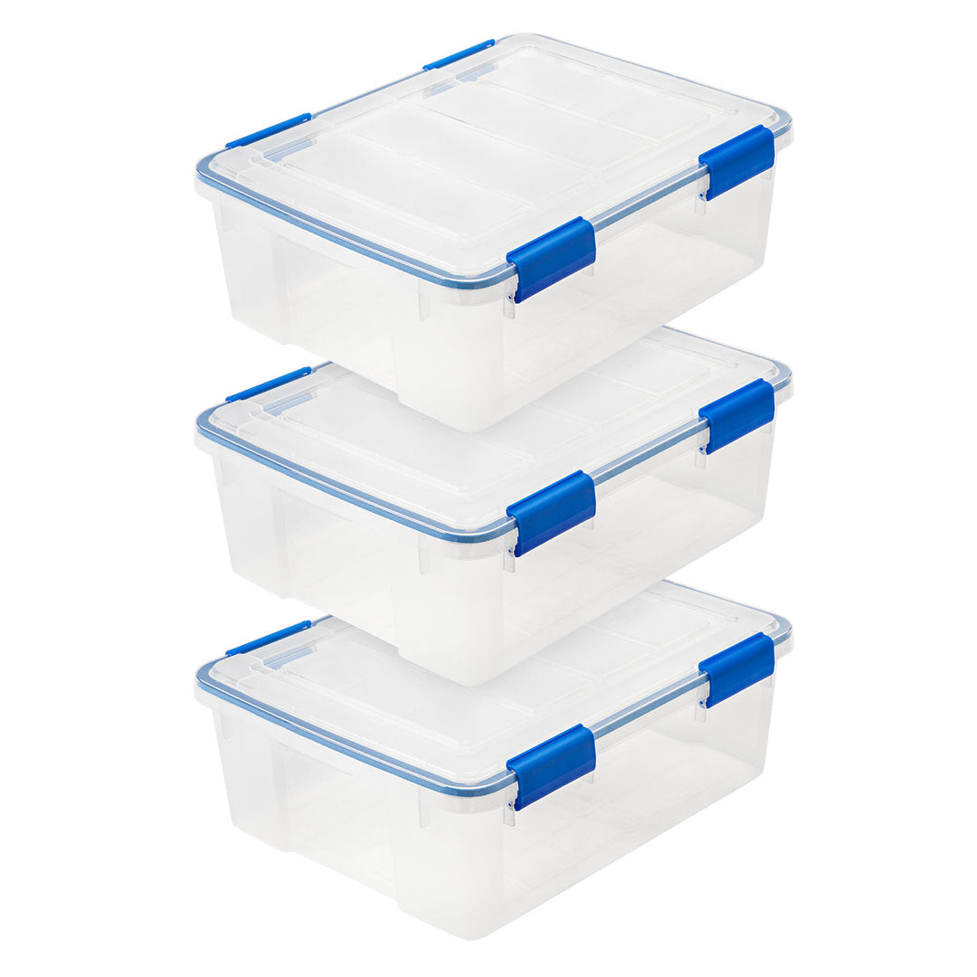 26.5 Quart WEATHERTIGHT Multi-Purpose Storage Box,  Clear with Blue Buckles, 3 Pack - IRIS USA, Inc.