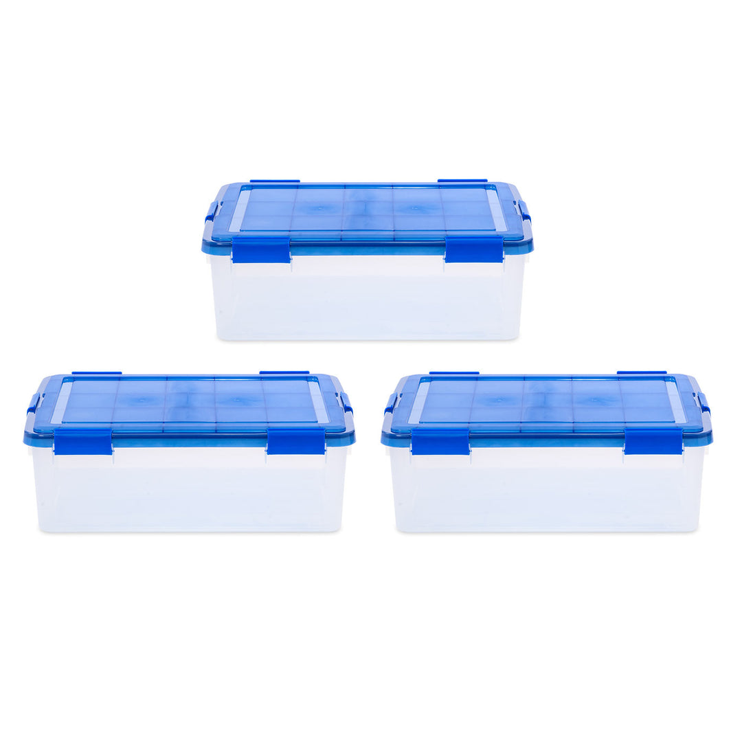10 Gallon Element Resistant Clear Plastic storage Box, Lid Blue, Pack of 3 - IRIS USA, Inc.