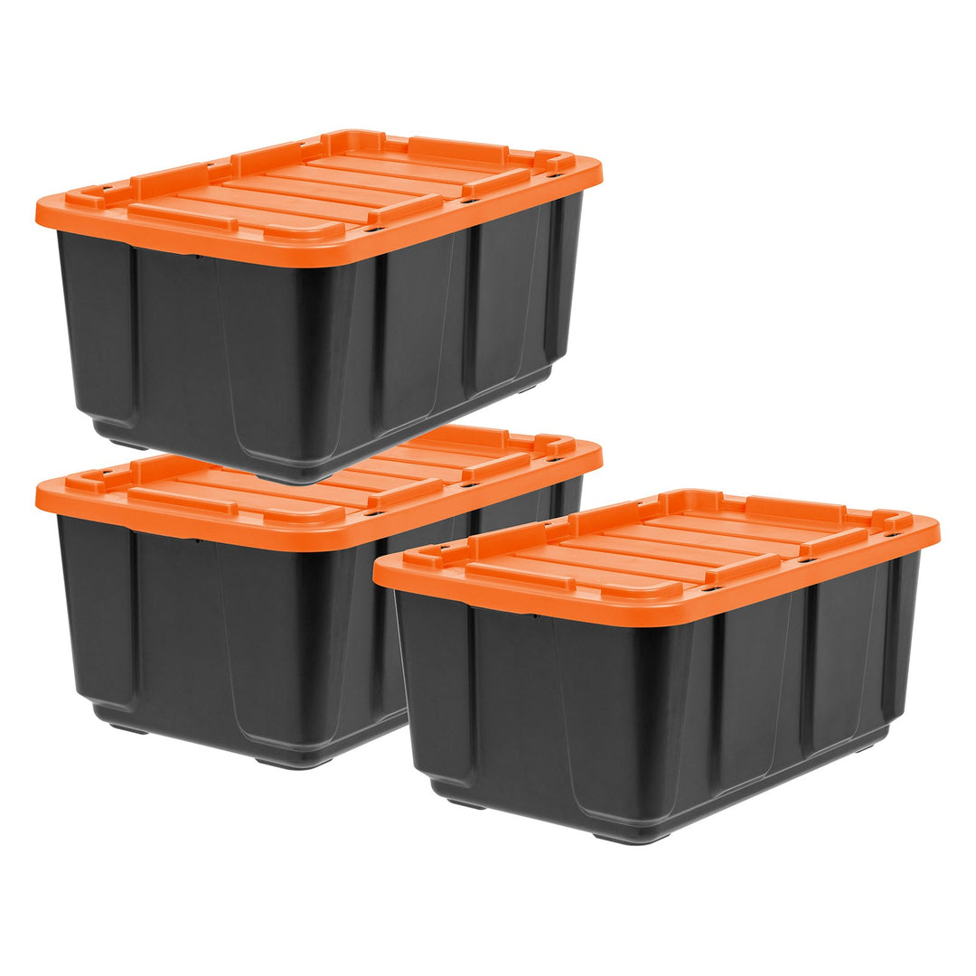 27 Gallon Utility Tough Tote, 3 Pack, Black with Orange Lid - IRIS USA, Inc.