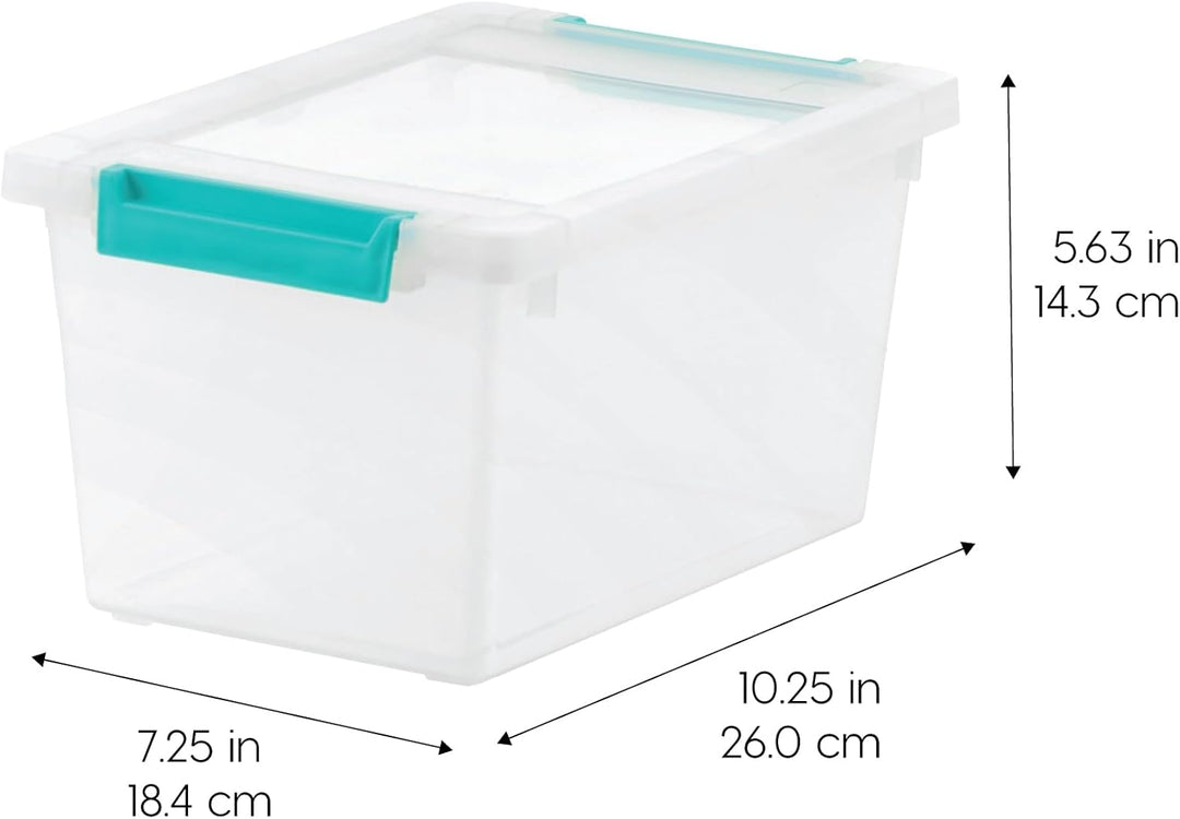 Clear storage container with a teal lid and dimensions displayed