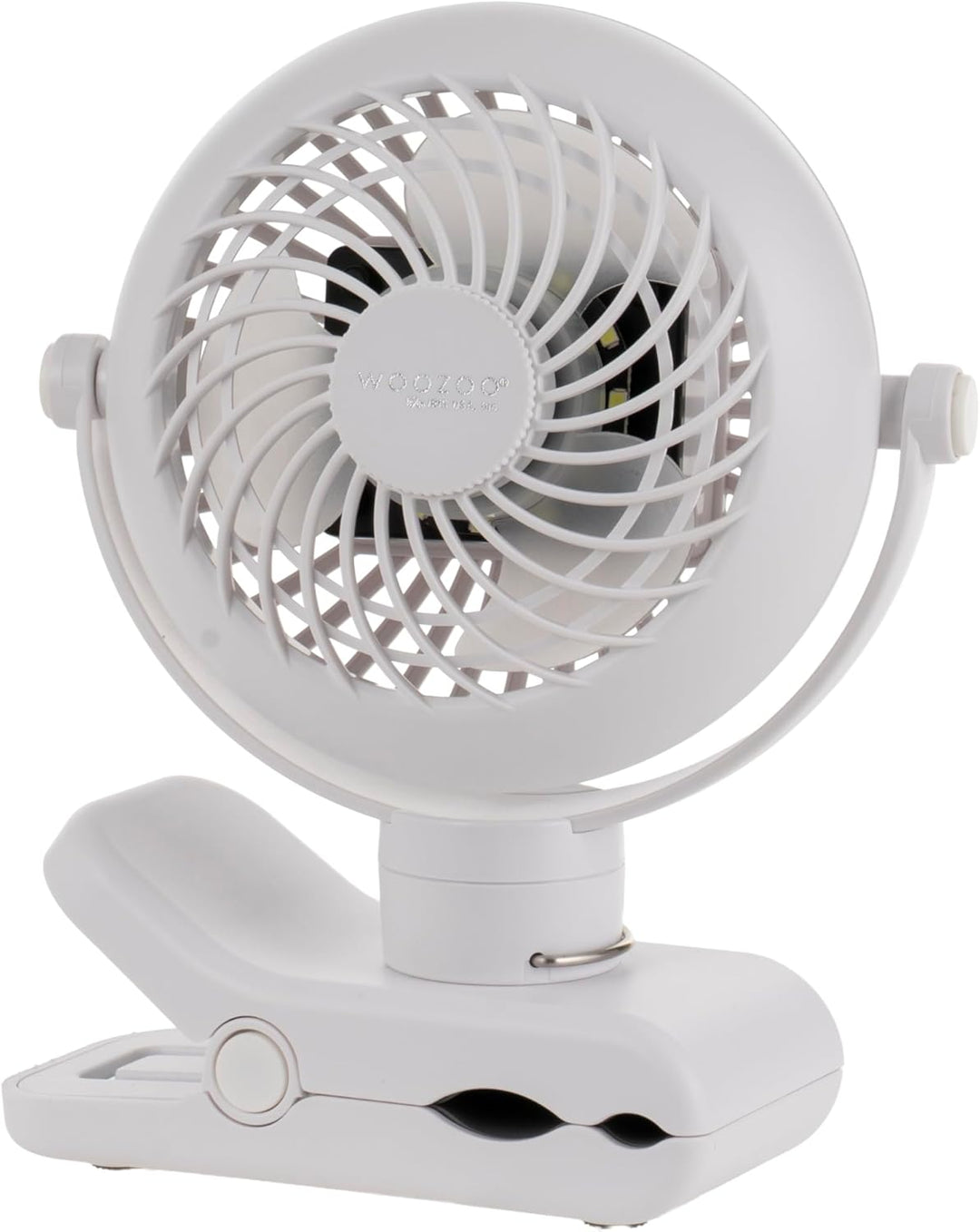 White clip-on fan on a white background