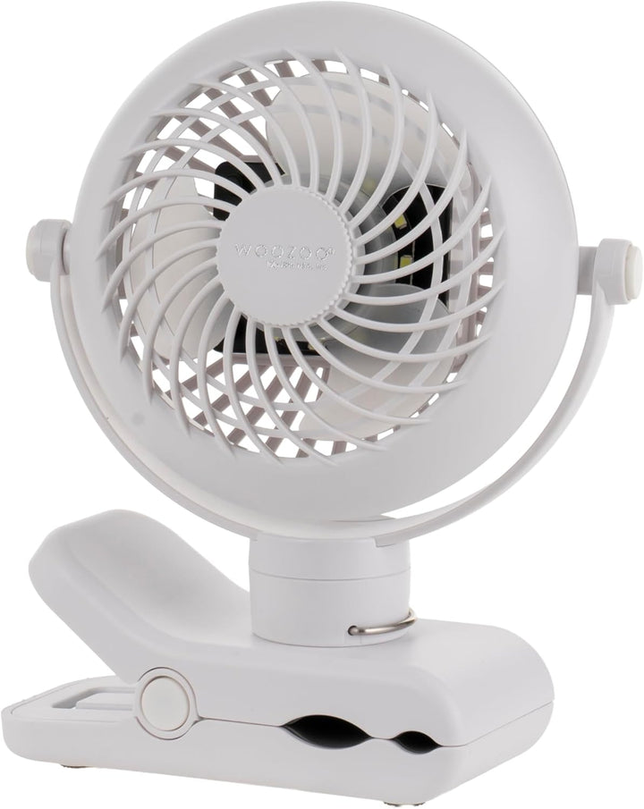 White clip-on fan on a white background