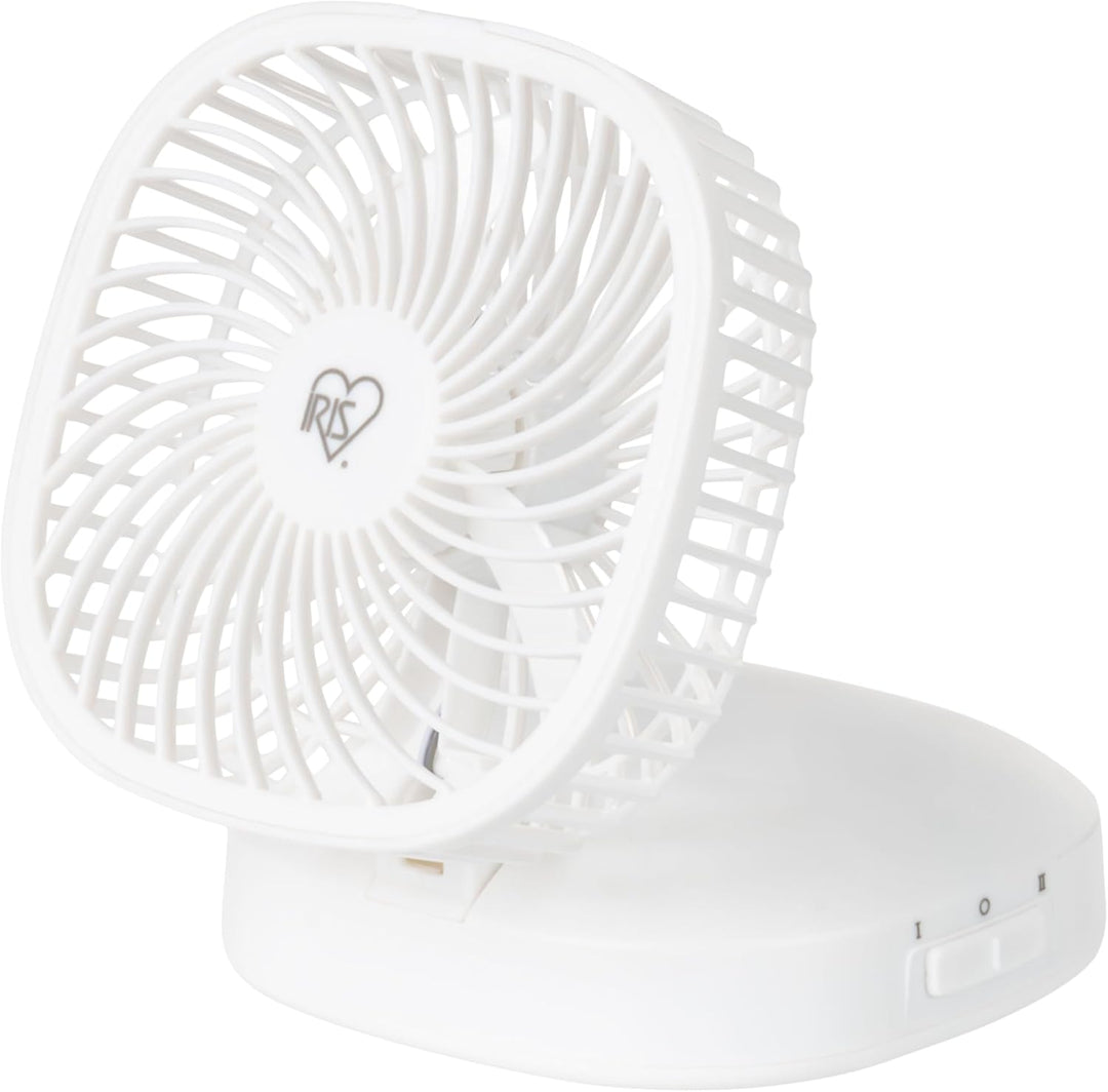 White portable fan with a visible brand logo on a white background