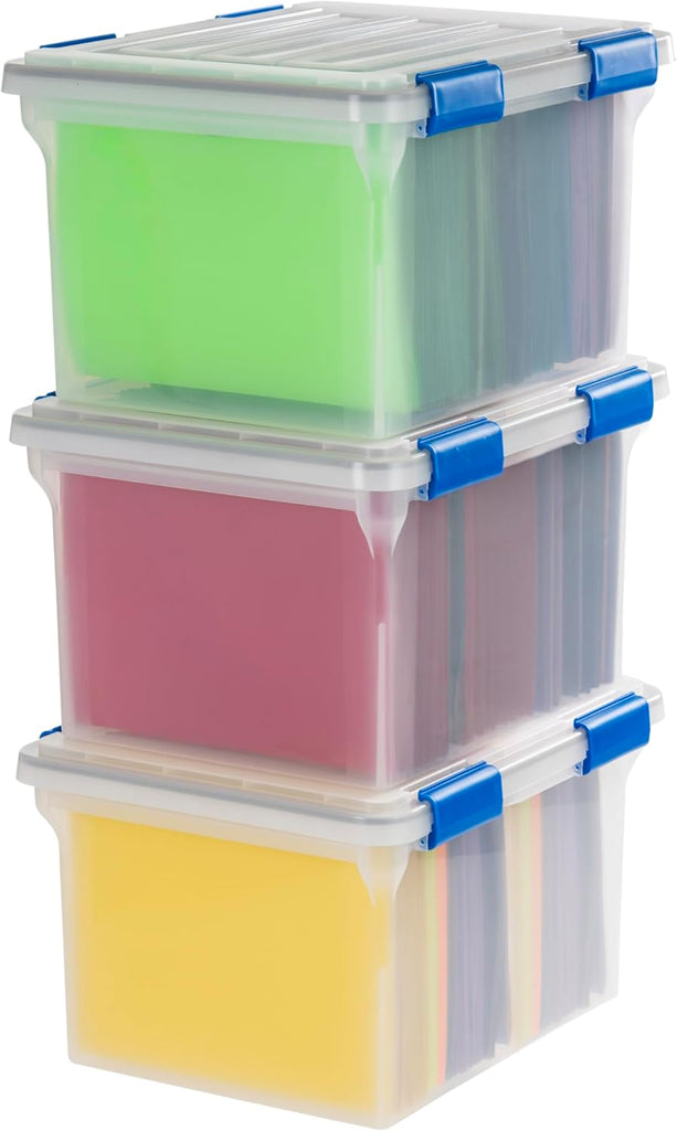 WeatherPro File Organizer Box Clear/Blue 32 Qt. 3 Pack – IRIS USA
