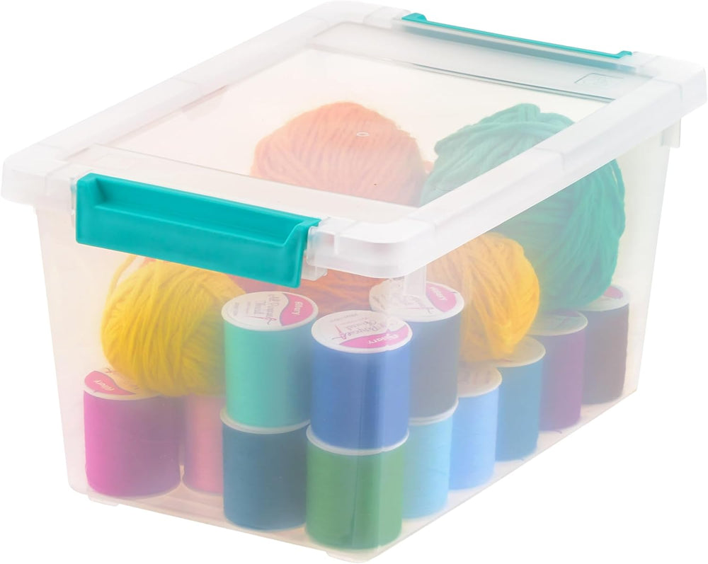 Clear storage box with colorful spools of thread inside