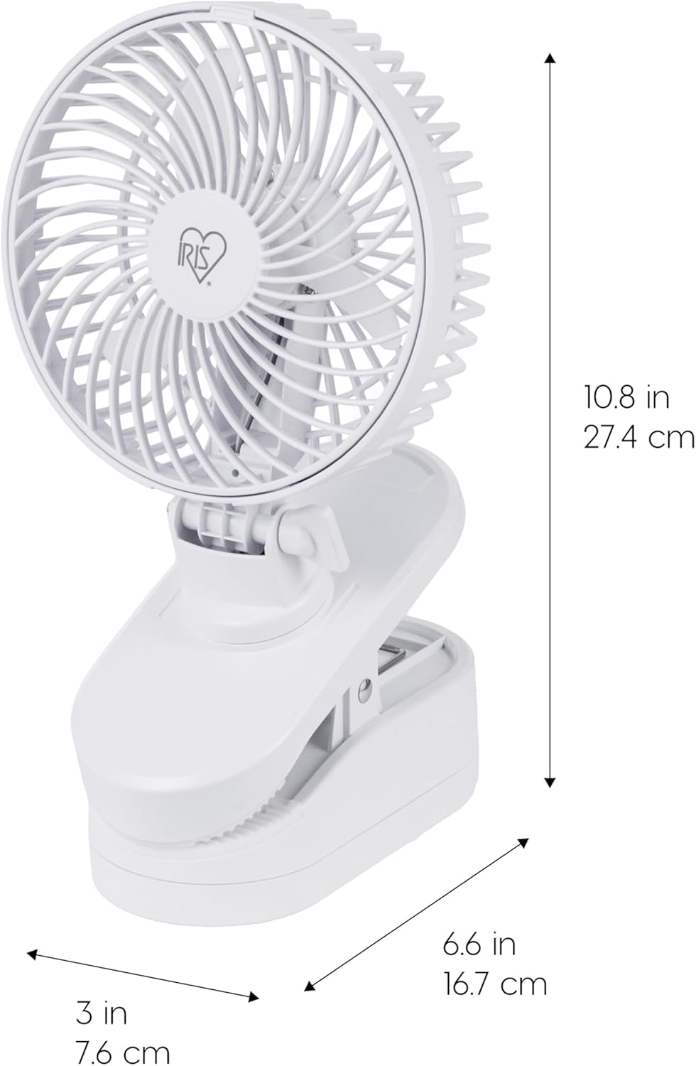 White clip-on fan with dimensions indicated on a white background