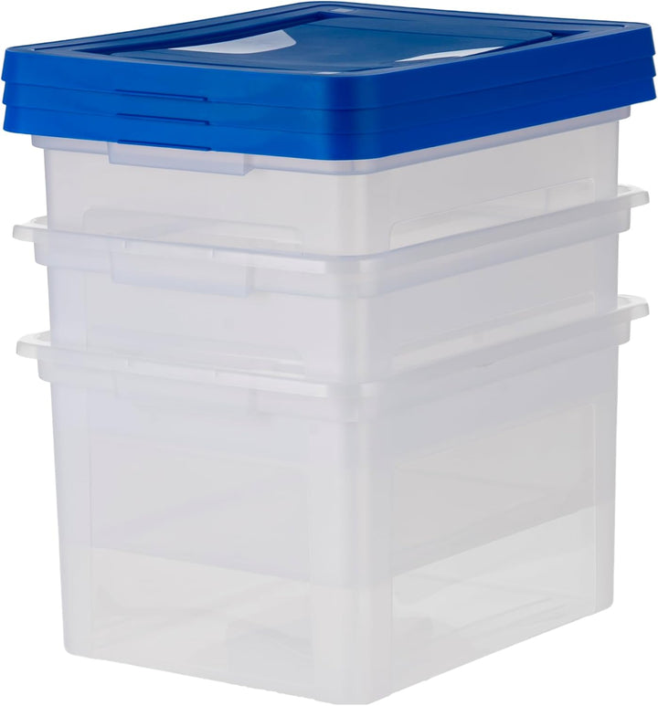 Plastic File Organizer Box With Lids Clear/Blue 35 Qt. 3 Pack - IRIS USA