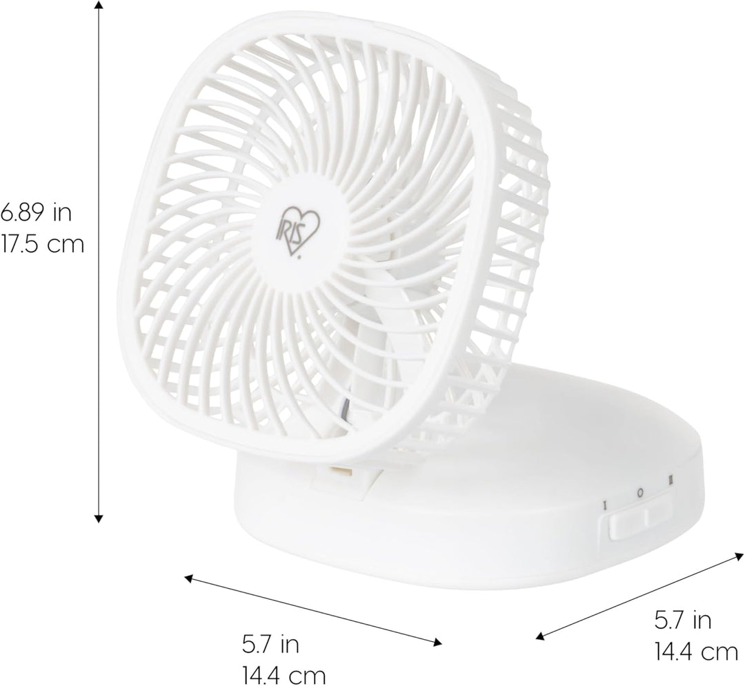 White portable fan with dimensions indicated on a white background