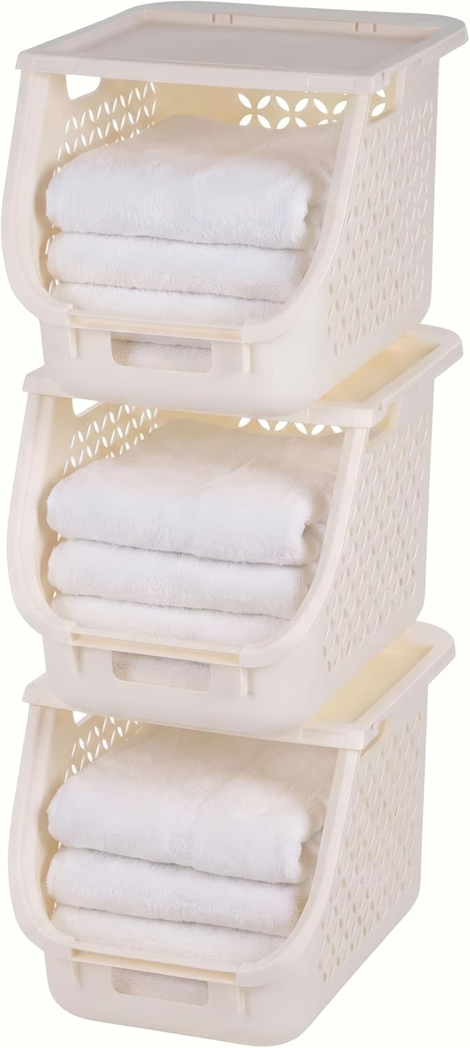 Laundry Basket Hamper, 40L - 3 Pack Stackable Plastic Clothes Sorter Bin with Lids - IRIS USA
