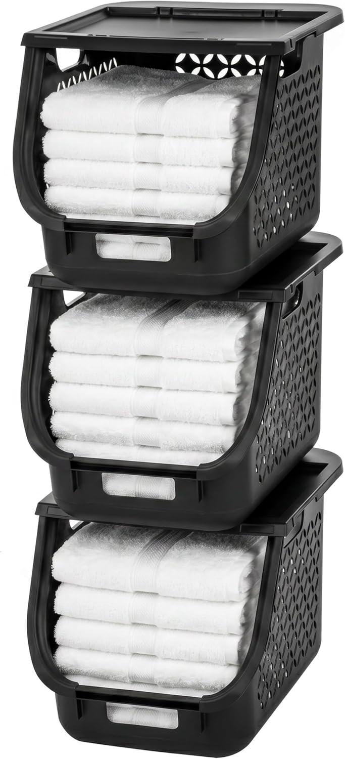 Laundry Basket Hamper, 40L - 3 Pack Stackable Plastic Clothes Sorter Bin with Lids - IRIS USA