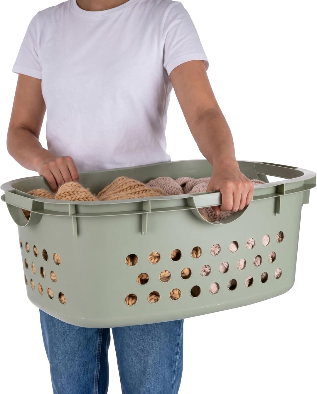 Plastic Laundry Basket - Large Clothes Hamper with Ventilation Holes, Built-In Handles &amp; Hip Hold - 1.5 Bushel (50L)
