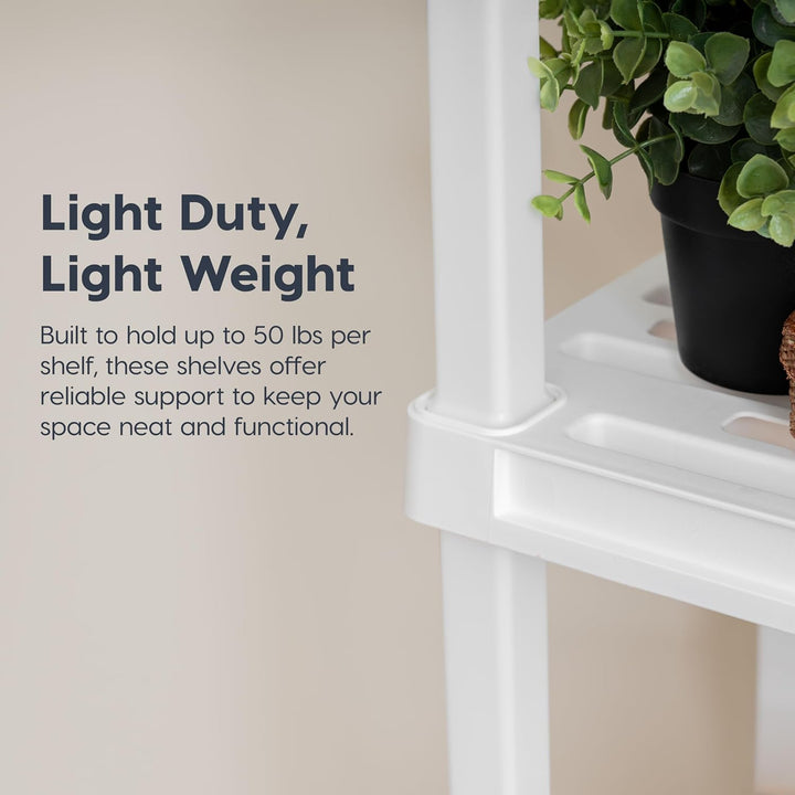 White shelving unit with a plant on a beige wall background, featuring text about shelf capacity and design.