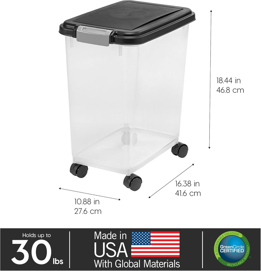 Airtight Dog Food Storage Container, Attachable Wheels, Black - IRIS USA