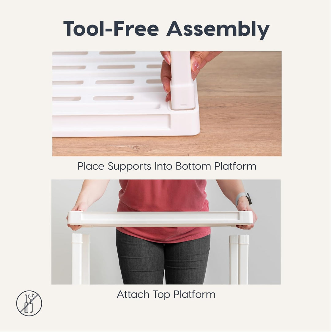 Step-by-step guide to tool-free assembly of a piece of furniture with text instructions.