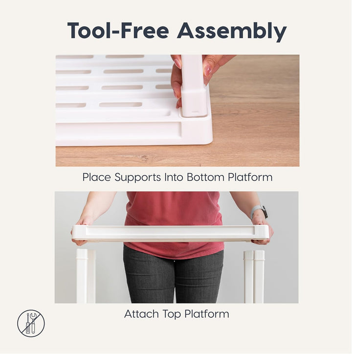 Step-by-step guide to tool-free assembly of a piece of furniture with text instructions.