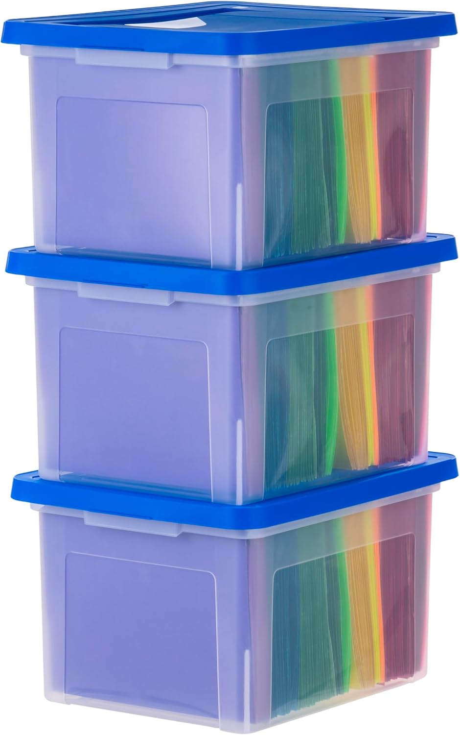 Plastic File Organizer Box With Lids Clear/Blue 35 Qt. 3 Pack - IRIS USA