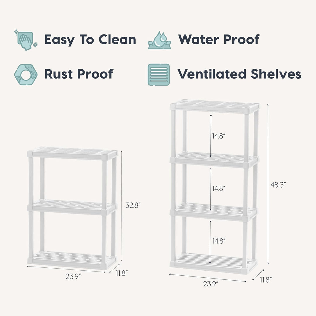 White shelving units with features listed on a white background