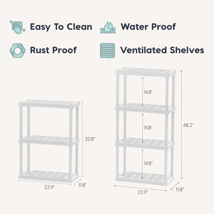 White shelving units with features listed on a white background