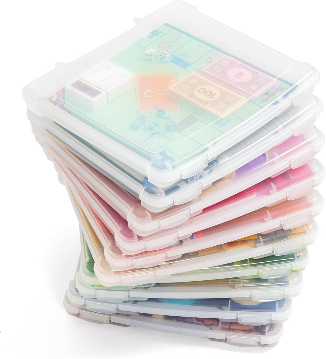 Stack of colorful small boxes with a clear lid on a white background