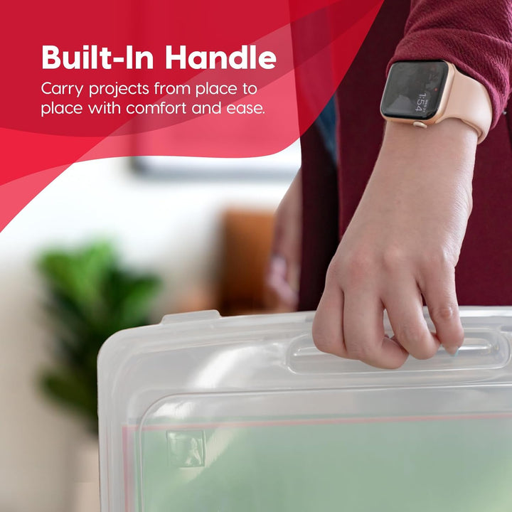 Person holding a clear storage container with a built-in handle, text overlay about carrying projects.