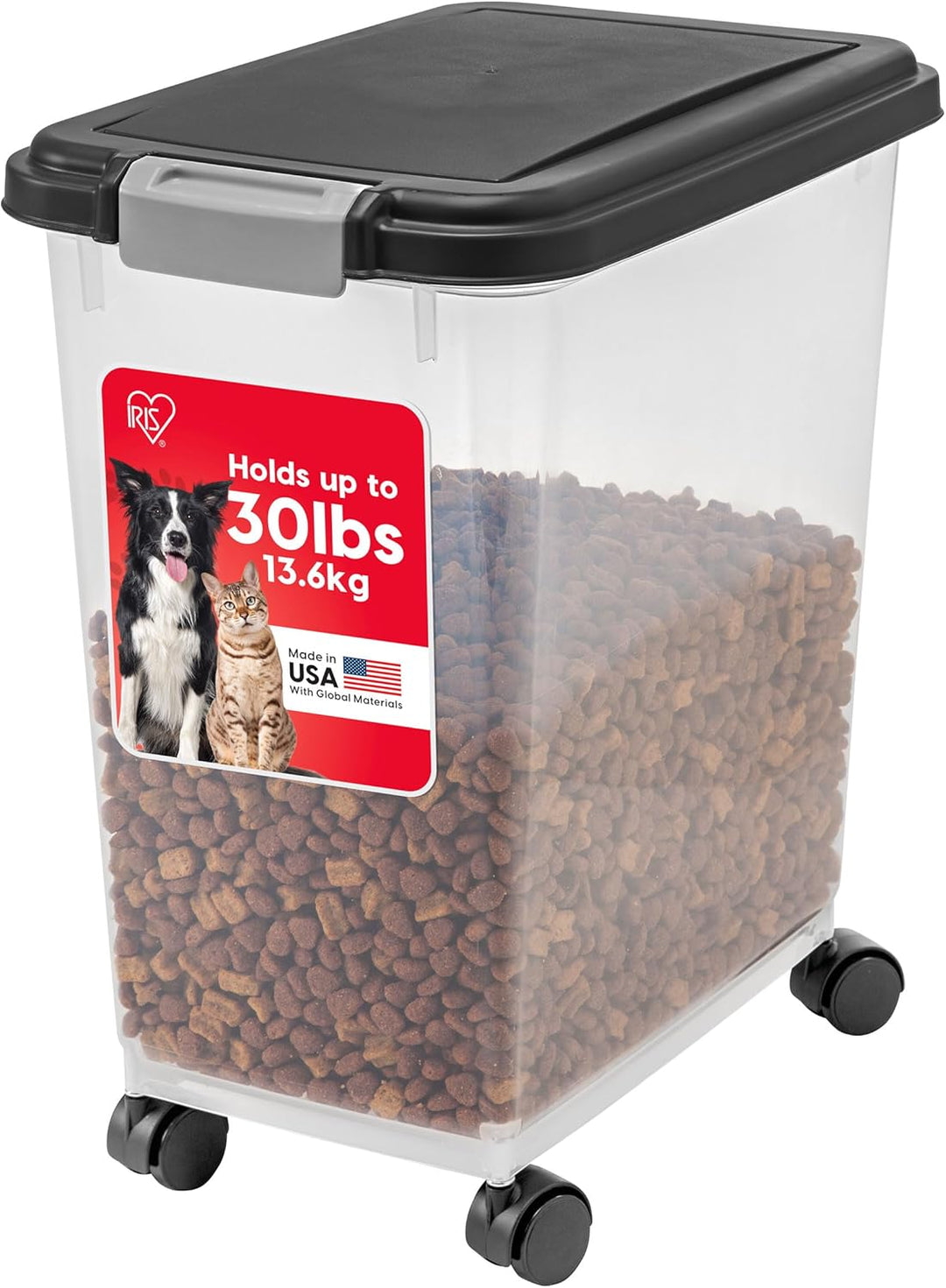 Airtight Dog Food Storage Container, Attachable Wheels, Black - IRIS USA