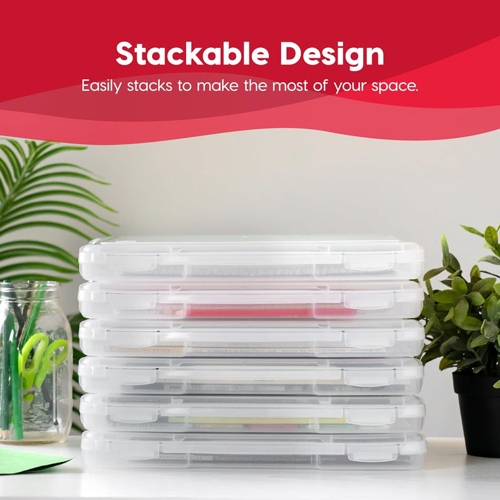 Stackable clear storage boxes with a red background and text highlighting stackable design.