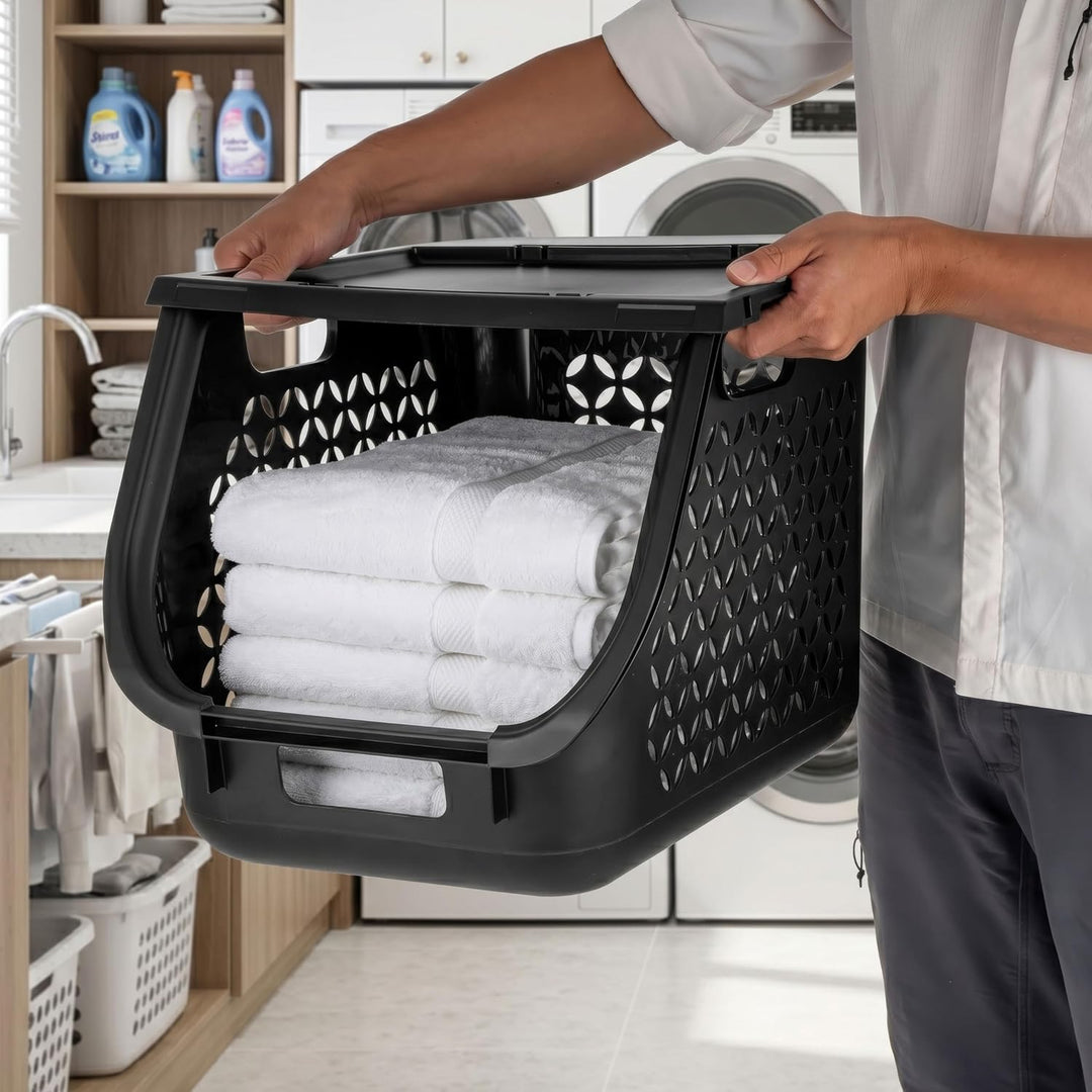 Laundry Basket Hamper, 40L - 3 Pack Stackable Plastic Clothes Sorter Bin with Lids - IRIS USA