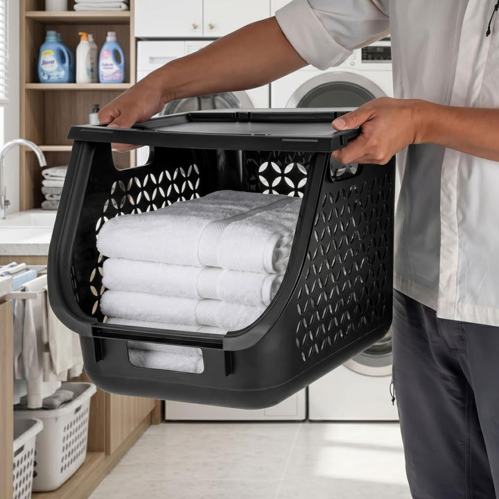 Laundry Basket Hamper, 40L - 3 Pack Stackable Plastic Clothes Sorter Bin with Lids - IRIS USA