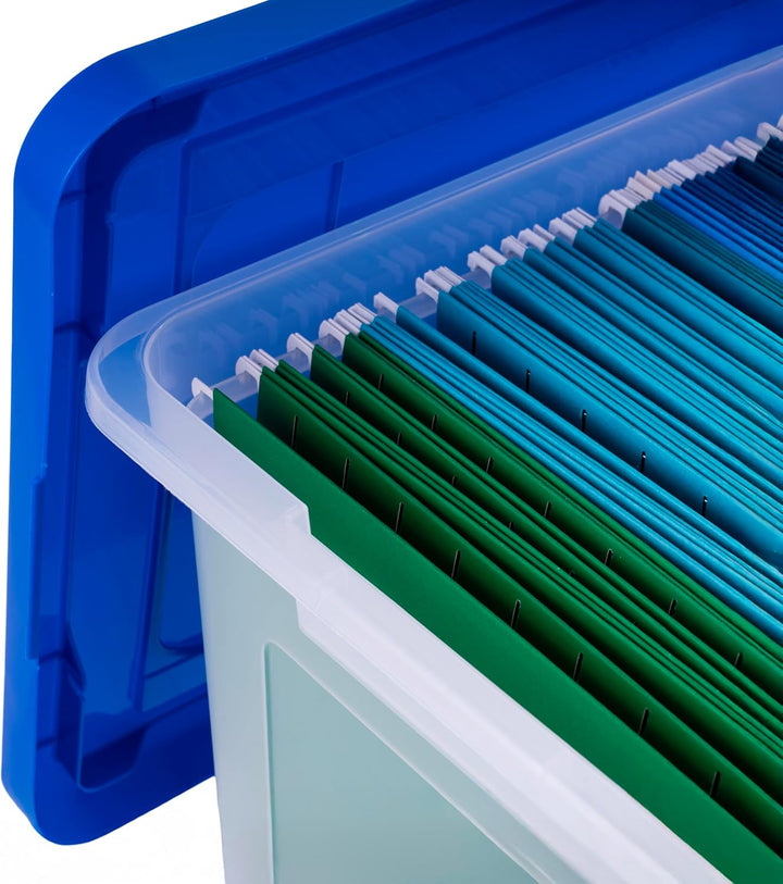 Plastic File Organizer Box With Lids Clear/Blue 35 Qt. 3 Pack - IRIS USA