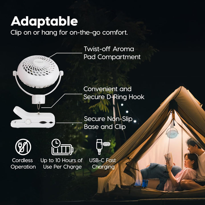 Camping light with features highlighted and a family inside a tent.