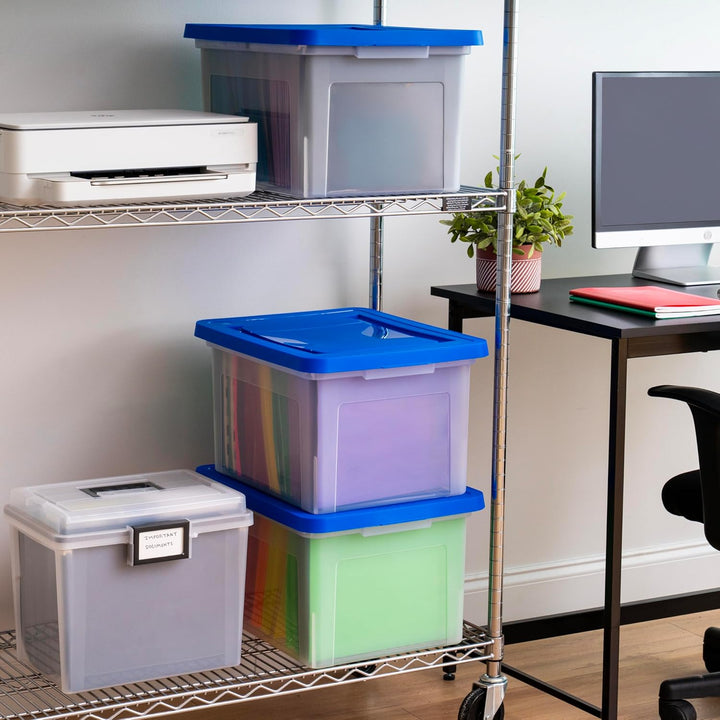 Plastic File Organizer Box With Lids Clear/Blue 35 Qt. 3 Pack - IRIS USA