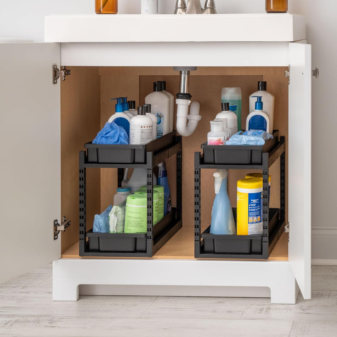 2 Tier Pull Out Drawer Organizer, Kitchen Bathroom Pantry, 2 Pack