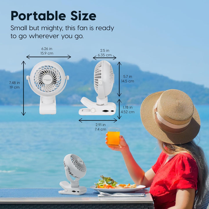 Portable fan with dimensions displayed, person enjoying a meal by a pool.