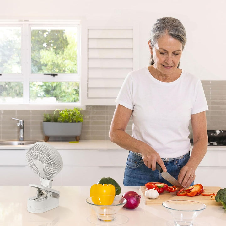 Woman in a kitchen preparing food with a small fan on the counter.