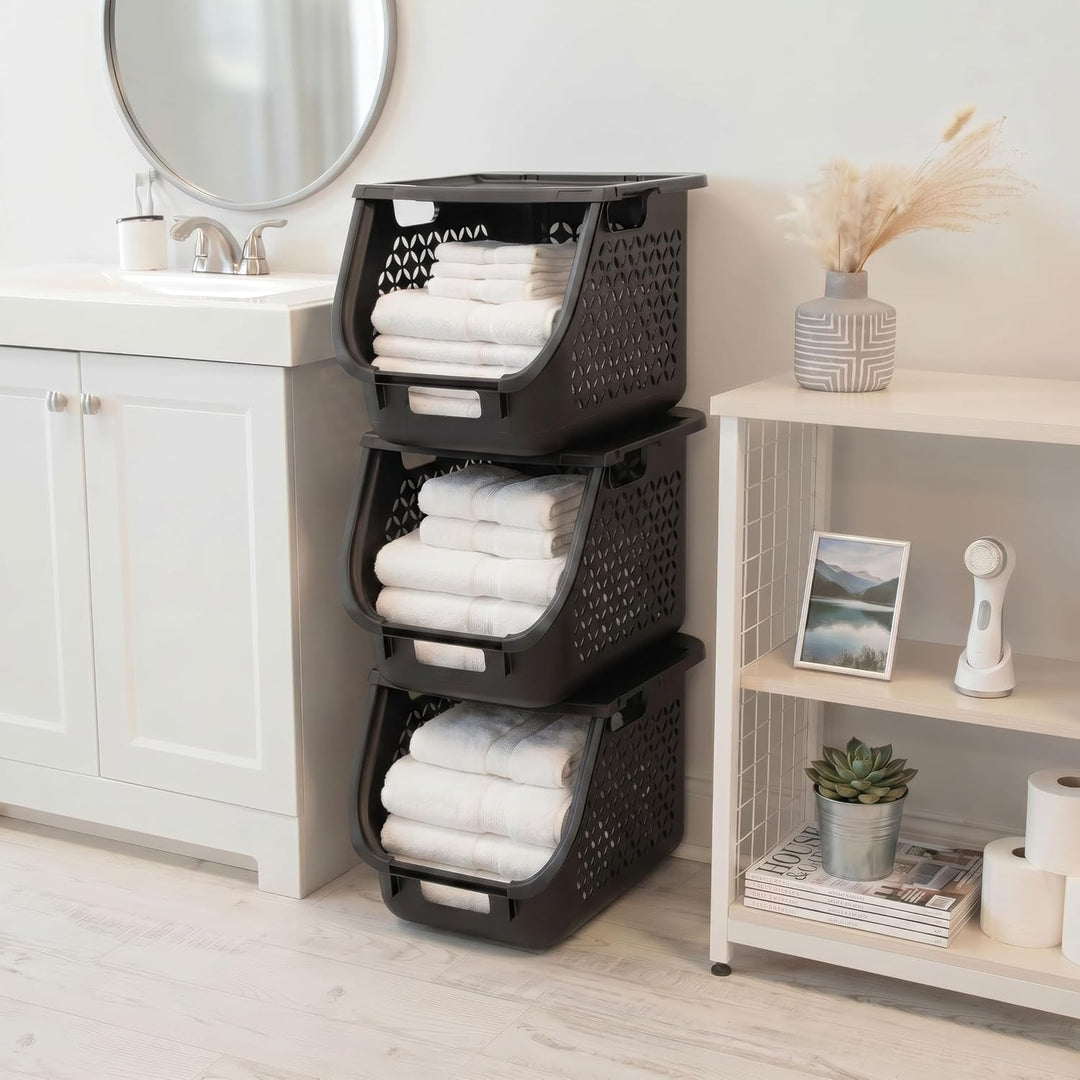Laundry Basket Hamper, 40L - 3 Pack Stackable Plastic Clothes Sorter Bin with Lids - IRIS USA