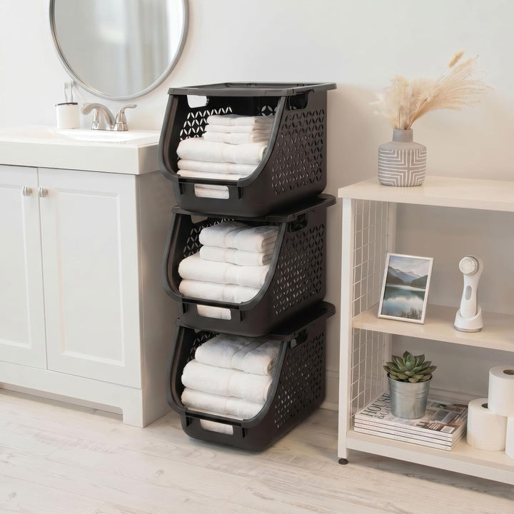 Laundry Basket Hamper, 40L - 3 Pack Stackable Plastic Clothes Sorter Bin with Lids - IRIS USA