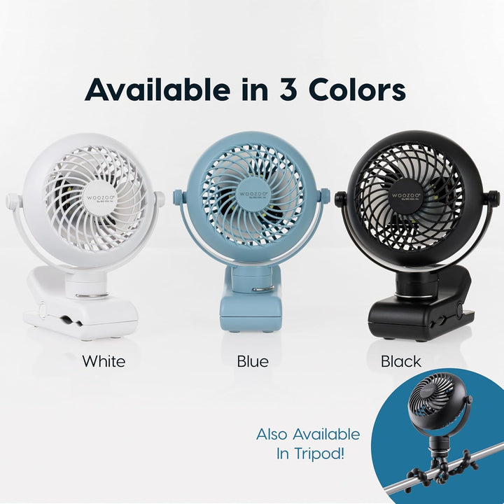 Three clip-on fans in white, blue, and black with text indicating color availability and an additional tripod option.
