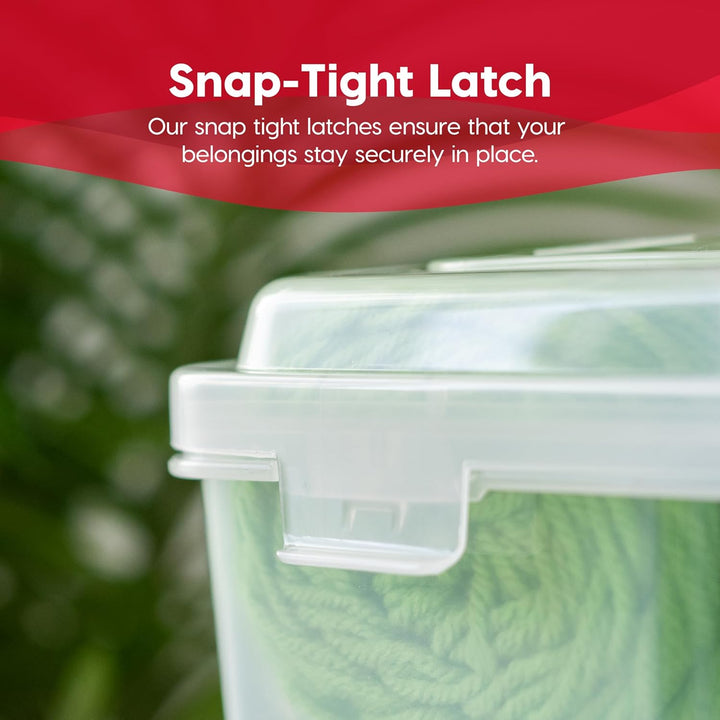 Clear storage container with snap-tight latch on a green background