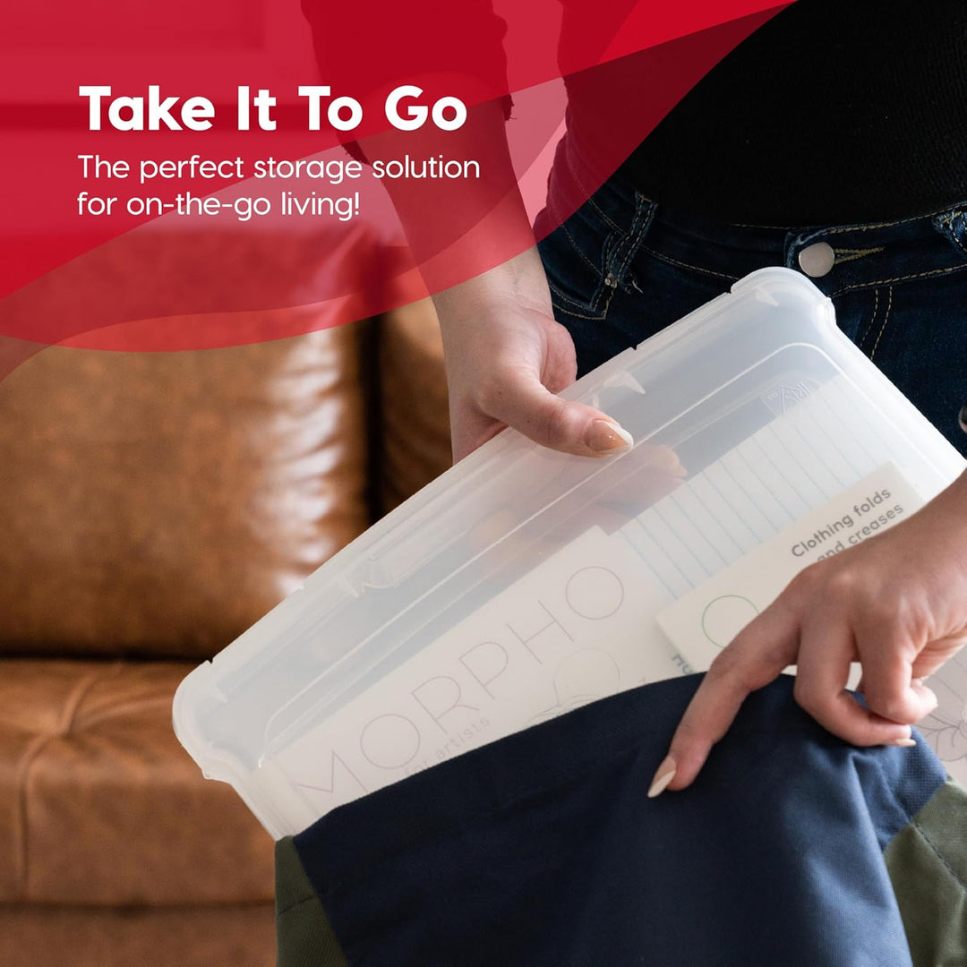 Person holding a clear storage container with 'Morpho' branding, promotional text overlay.