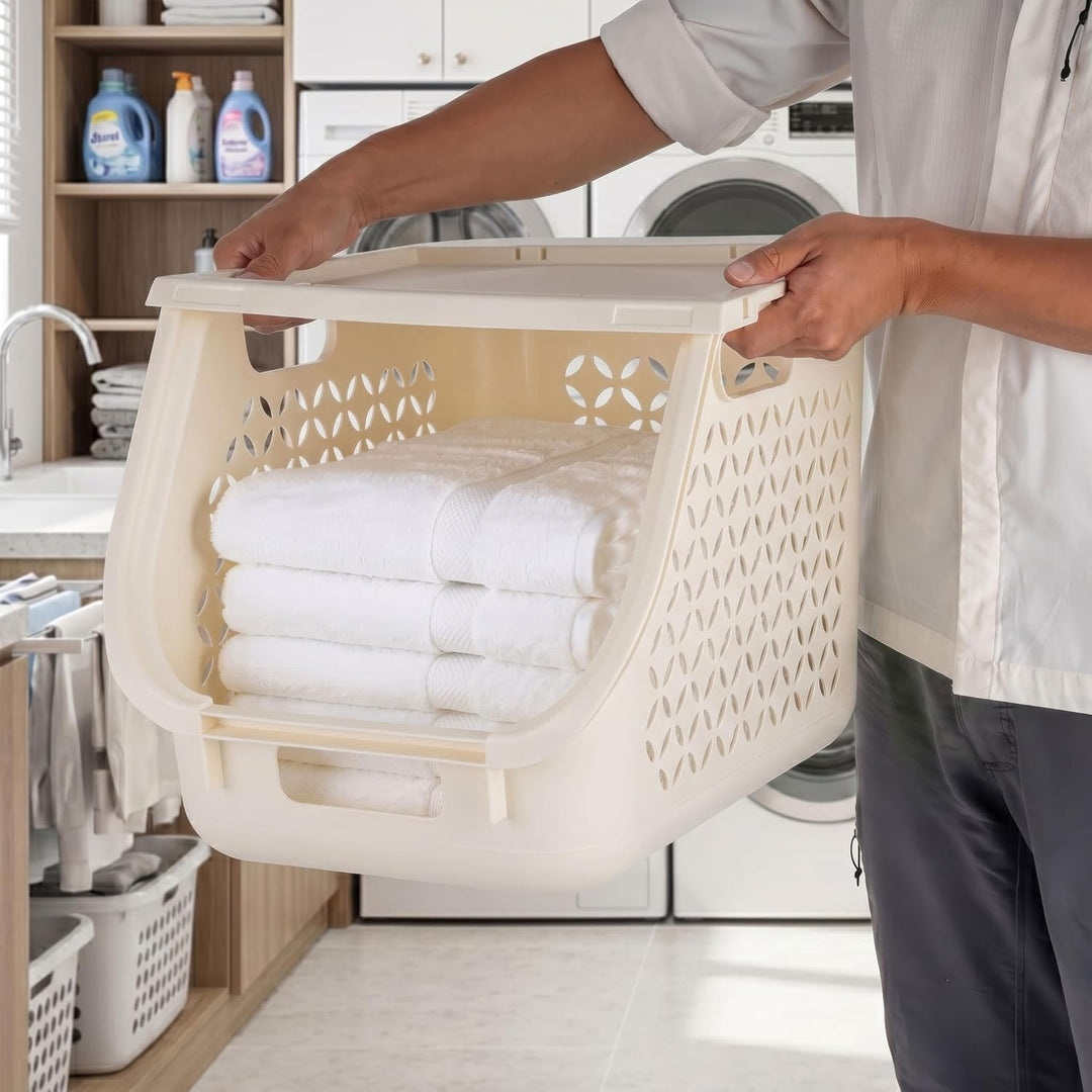 Laundry Basket Hamper, 40L - 3 Pack Stackable Plastic Clothes Sorter Bin with Lids - IRIS USA