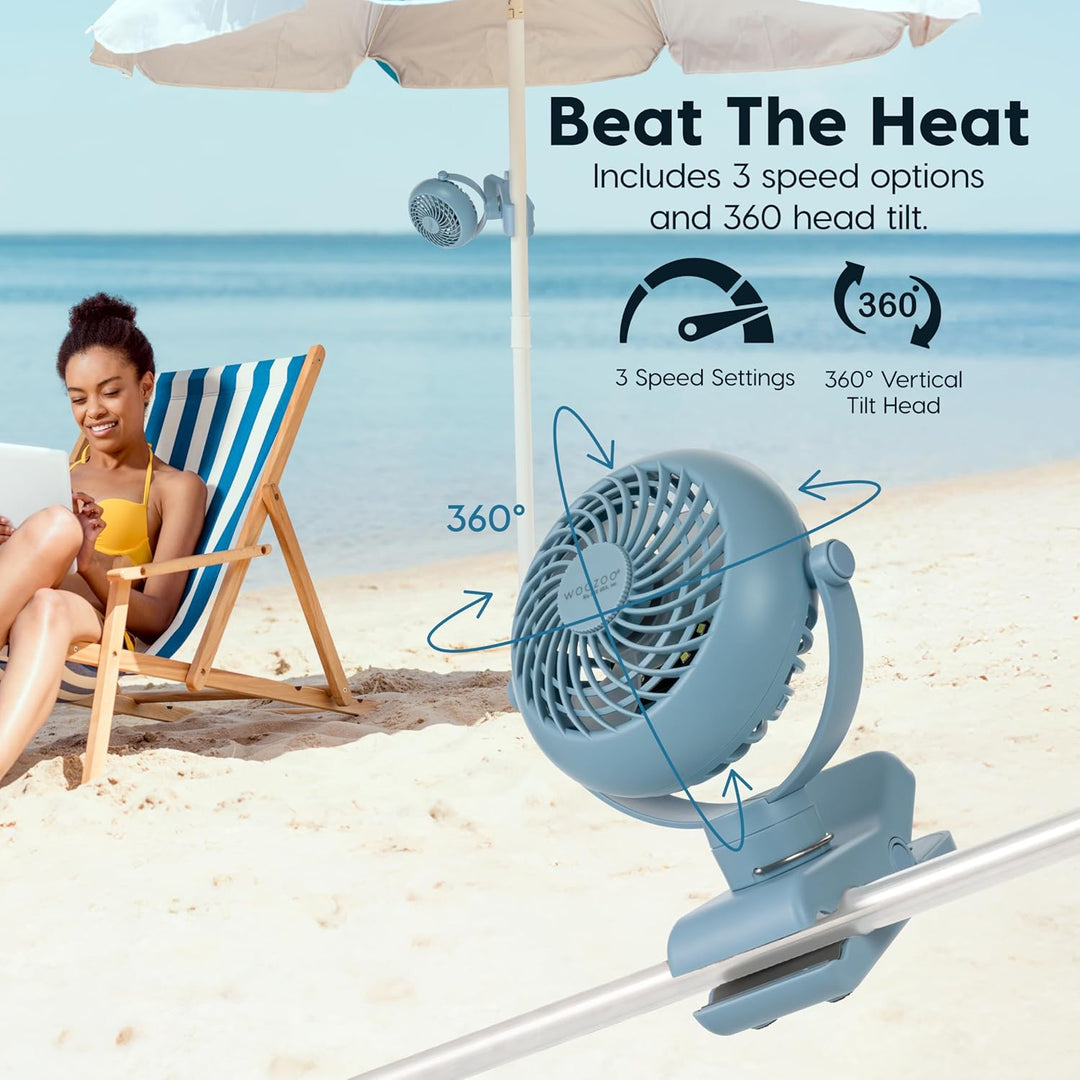 Portable fan on a beach with text about features and benefits