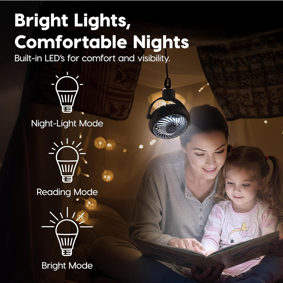 Woman and child reading a book with a portable fan light illuminating the scene.