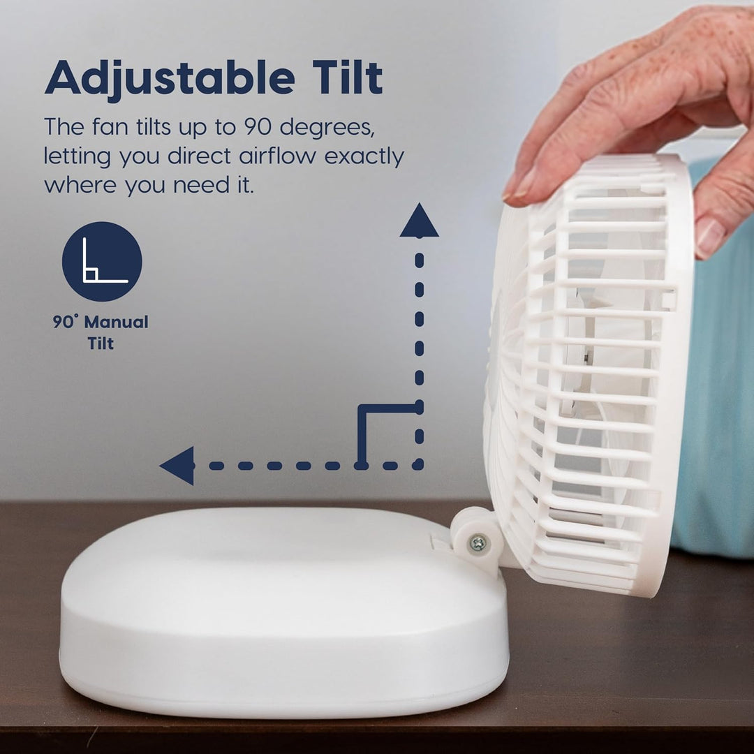White fan with adjustable tilt feature, hand tilting the fan head, on a neutral background.